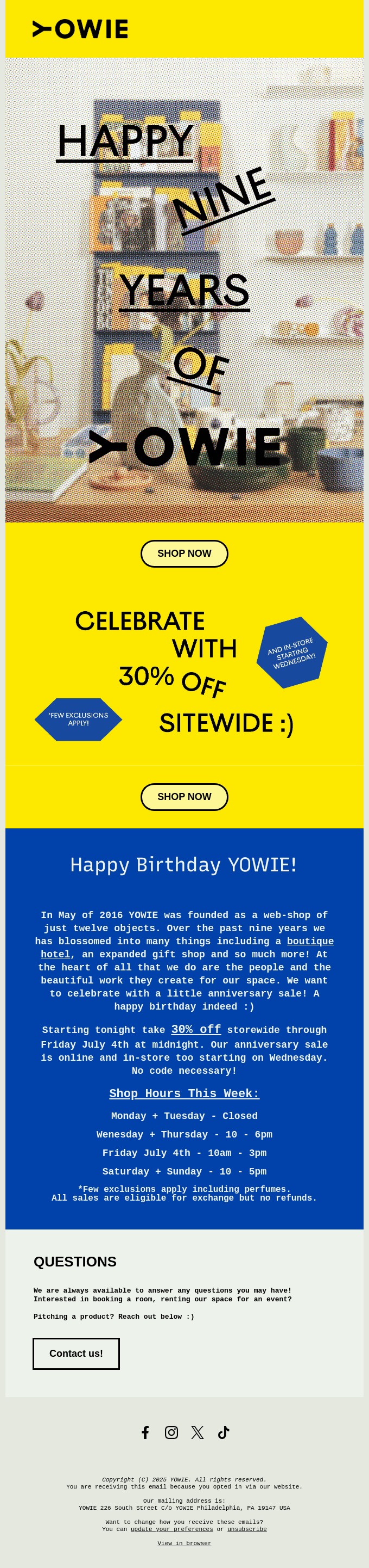 Business anniversary celebration email featuring nine-year milestone, special discount offer, and customer appreciation messaging for brand loyalty building